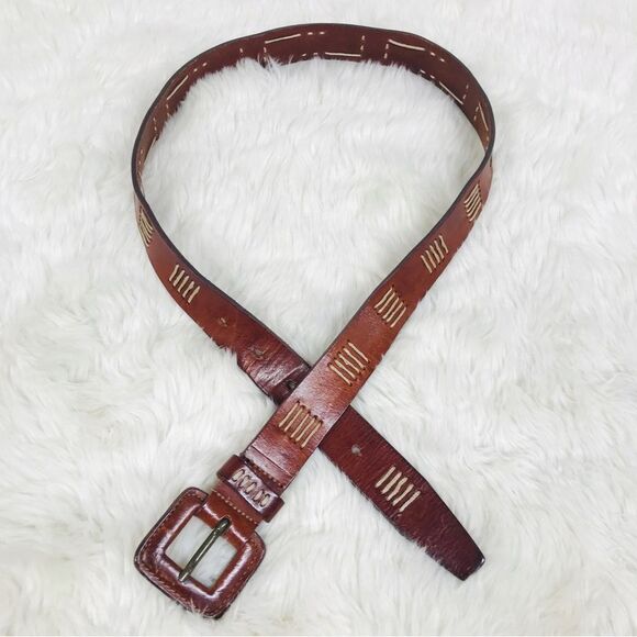 VINTAGE 90s Y2K Whiskey Brown Embroidered Leather Belt Cognac Classic Medium - Picture 5 of 8